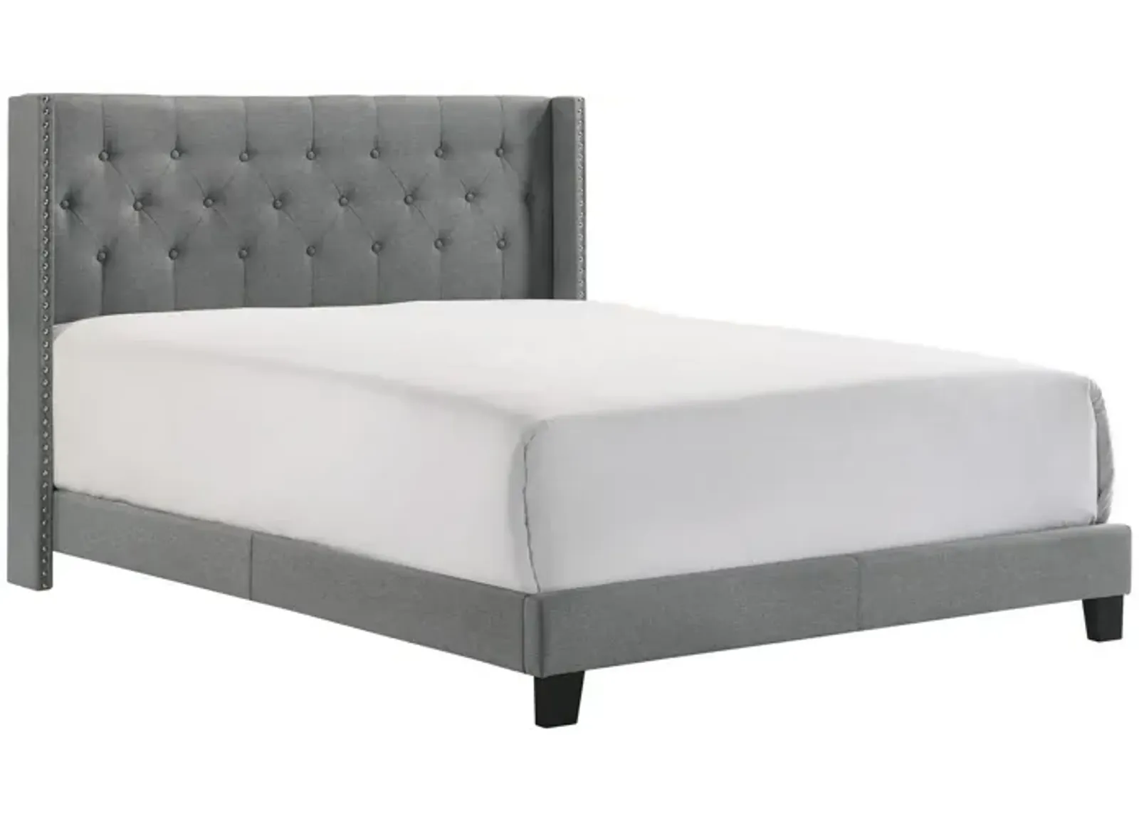 Lih Full Bed, Tufted Headboard, Wood Frame, Fabric, Black Legs, Gray - Benzara