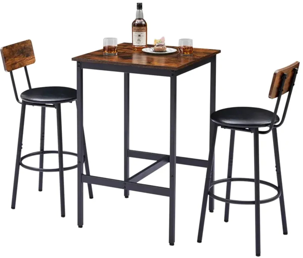 Rustic Brown Bar Table Set with 2 Stools, 23.62" W X 23.62" D X 35.43"