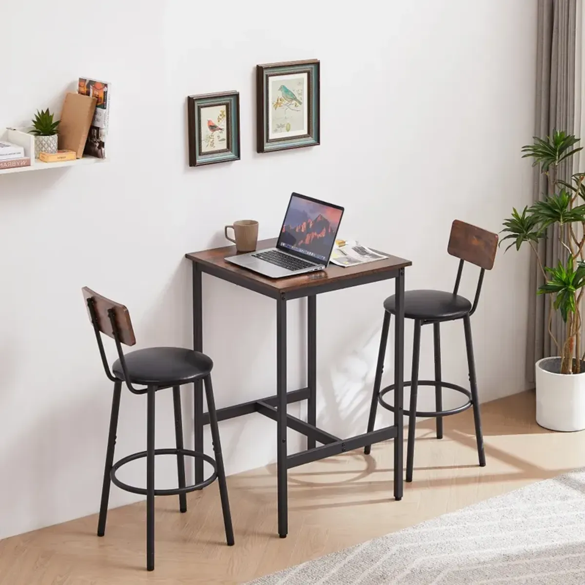 Rustic Brown Bar Table Set with 2 Stools, 23.62" W X 23.62" D X 35.43"