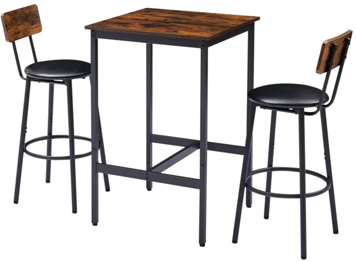 Rustic Brown Bar Table Set with 2 Stools, 23.62" W X 23.62" D X 35.43"