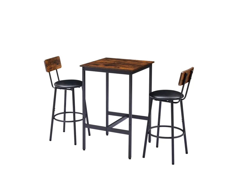 Rustic Brown Bar Table Set with 2 Stools, 23.62" W X 23.62" D X 35.43"