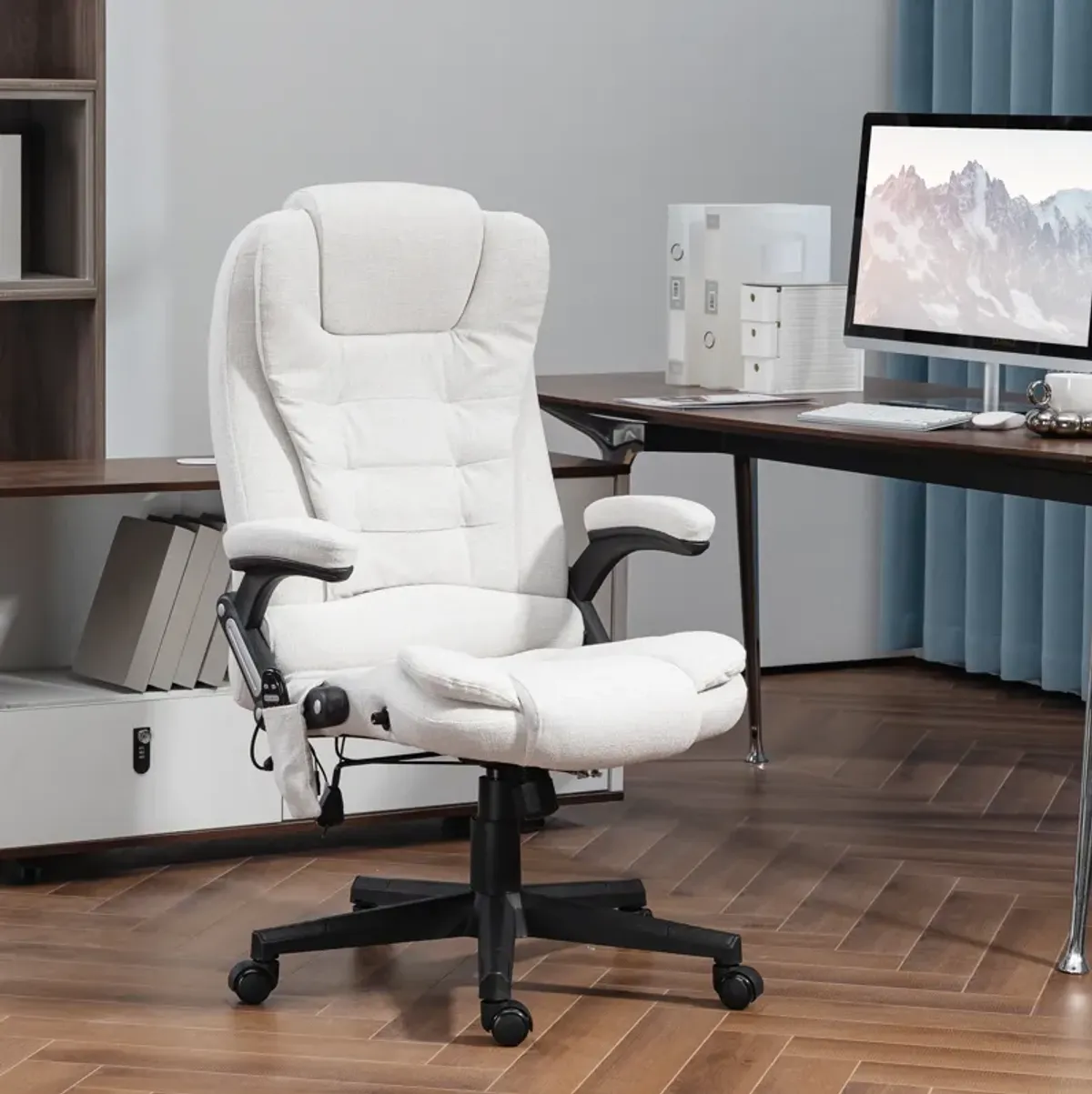 HOMCOM 6 Point Vibrating Massage Office Chair with Heat, Linen High Back Executive Office Chair with Reclining Backrest, Padded Armrests and Remote, Cream White