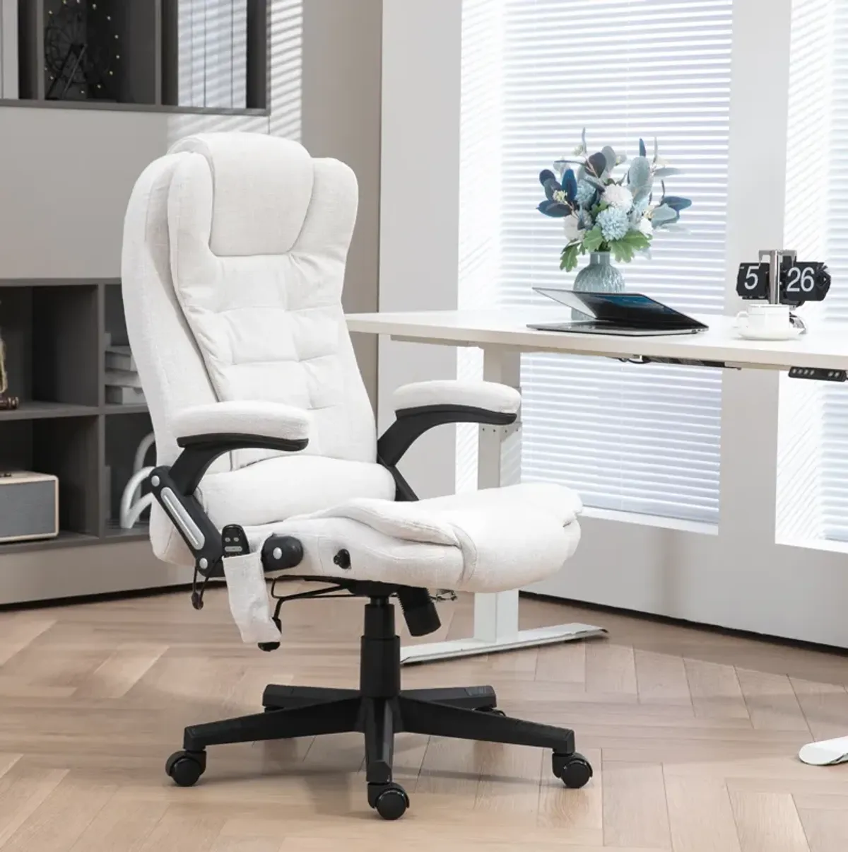 HOMCOM 6 Point Vibrating Massage Office Chair with Heat, Linen High Back Executive Office Chair with Reclining Backrest, Padded Armrests and Remote, Cream White