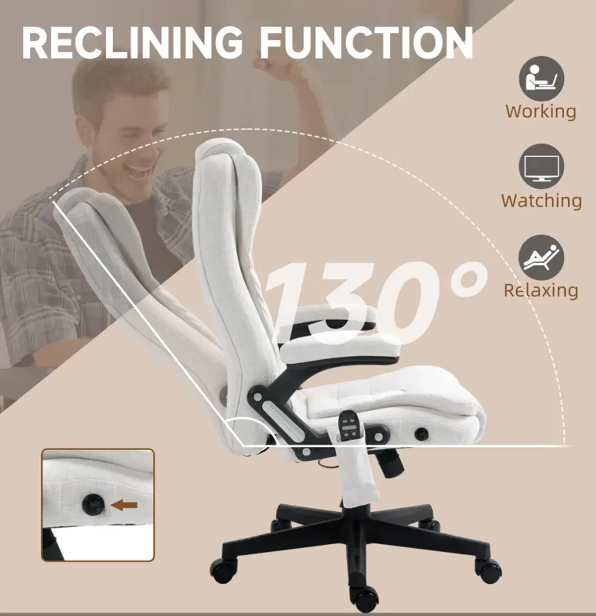 HOMCOM 6 Point Vibrating Massage Office Chair with Heat, Linen High Back Executive Office Chair with Reclining Backrest, Padded Armrests and Remote, Cream White