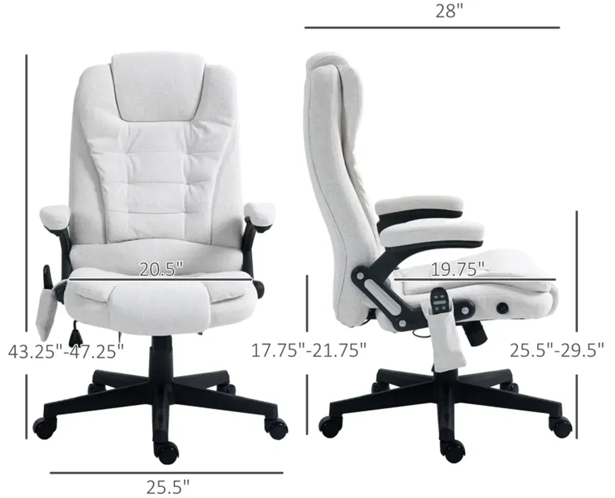 HOMCOM 6 Point Vibrating Massage Office Chair with Heat, Linen High Back Executive Office Chair with Reclining Backrest, Padded Armrests and Remote, Cream White