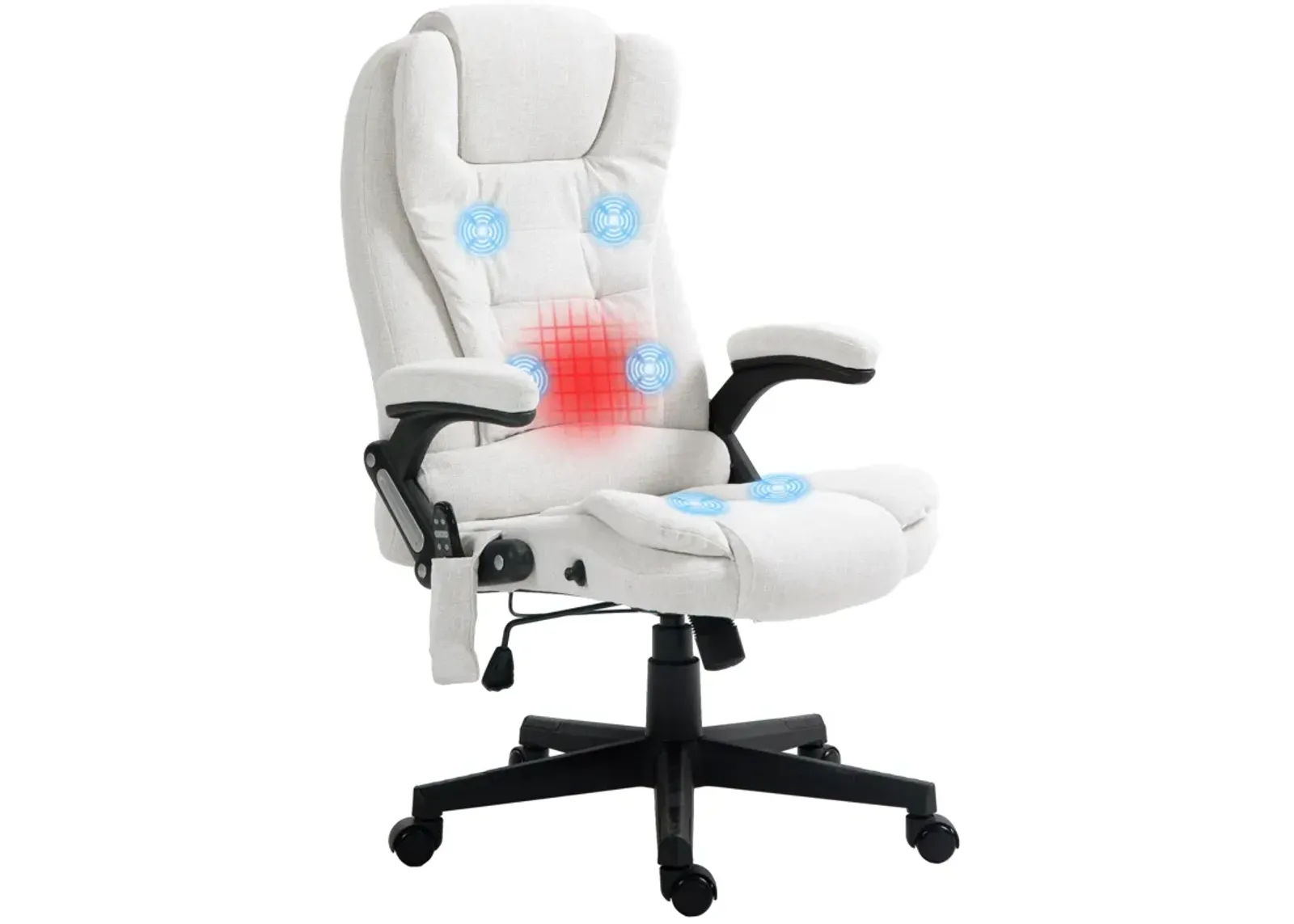 HOMCOM 6 Point Vibrating Massage Office Chair with Heat, Linen High Back Executive Office Chair with Reclining Backrest, Padded Armrests and Remote, Cream White