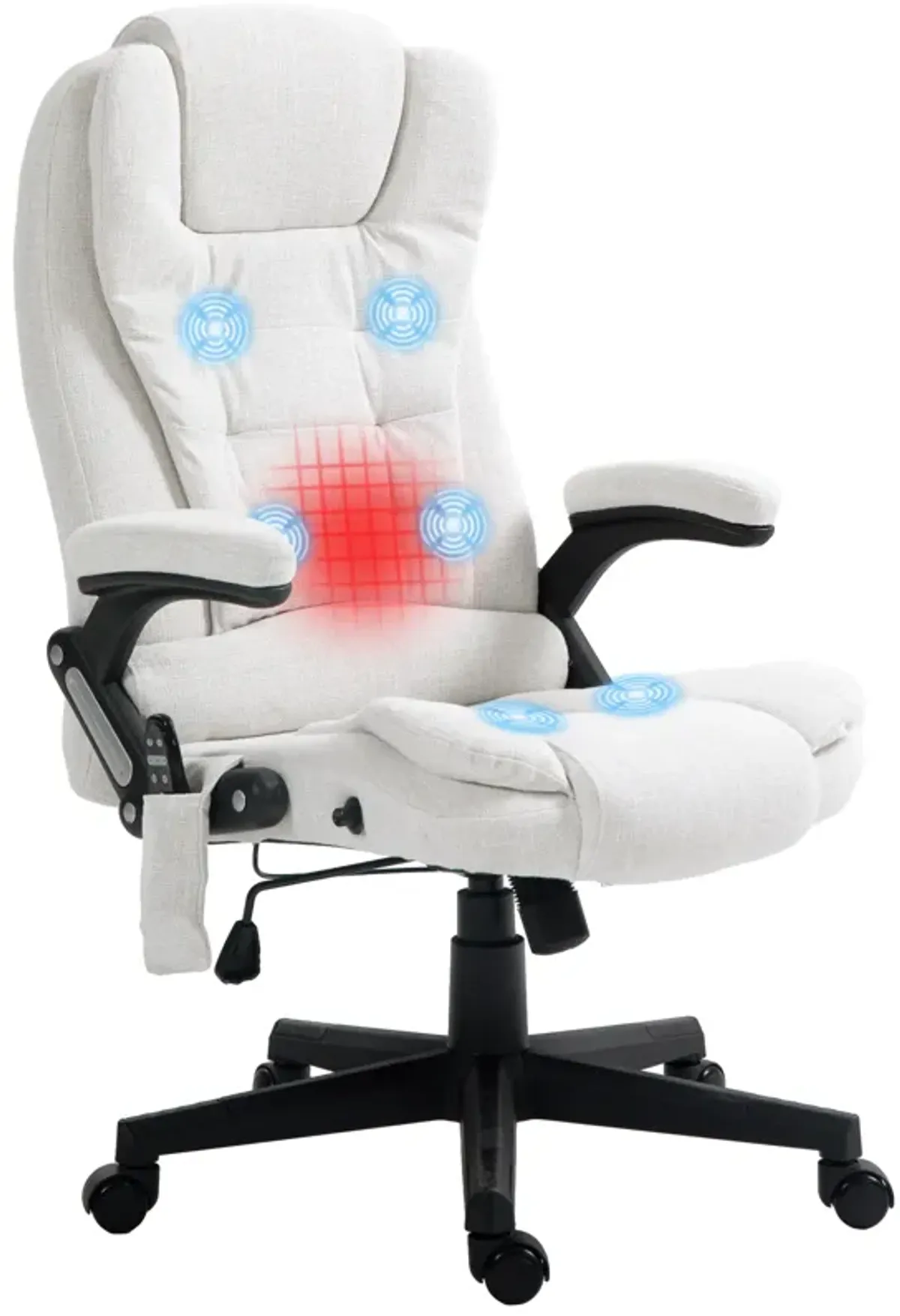 HOMCOM 6 Point Vibrating Massage Office Chair with Heat, Linen High Back Executive Office Chair with Reclining Backrest, Padded Armrests and Remote, Cream White