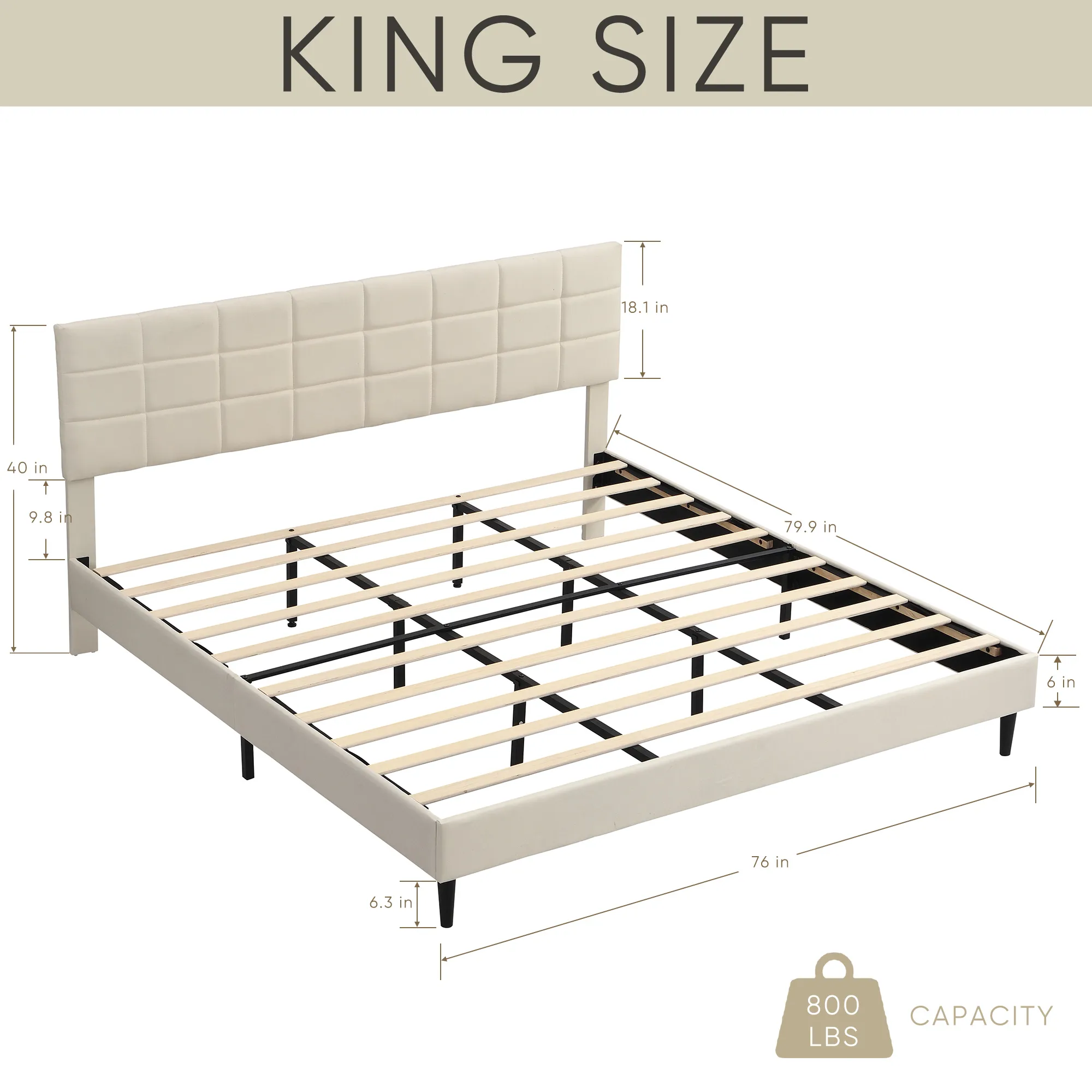King Size Platform Bed Frame with Fabric Upholstered Headboard and Wooden Slats, No Box Spring Needed/Easy Assembly, Dark Beige