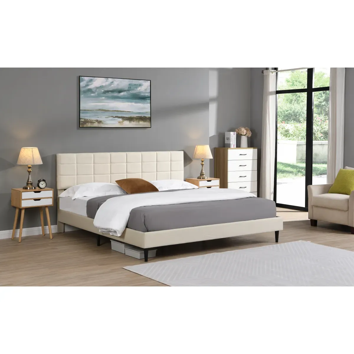 King Size Platform Bed Frame with Upholstered Headboard