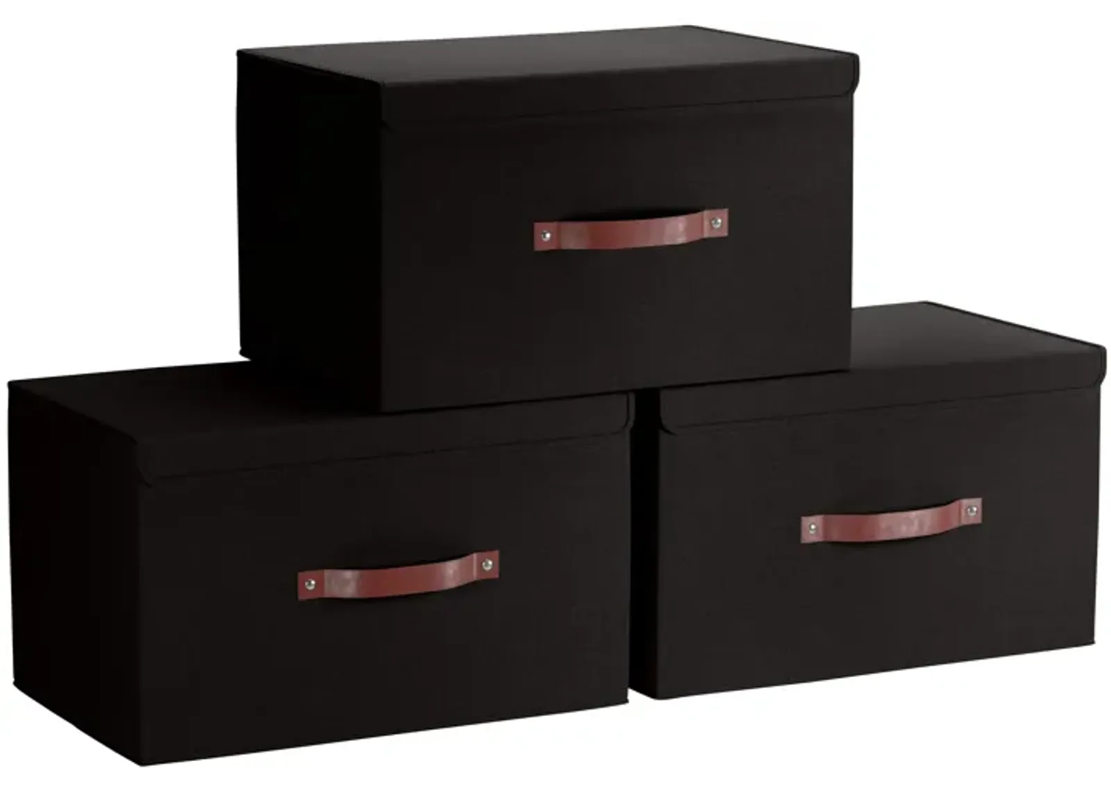 Foldable Linen XLarge Storage Bin with Leather Handles and Lid - Set of 3