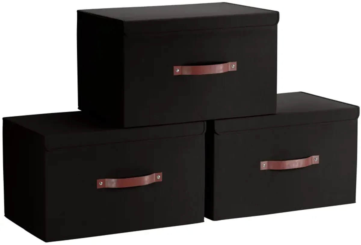 Foldable Linen XLarge Storage Bin with Leather Handles and Lid - Set of 3