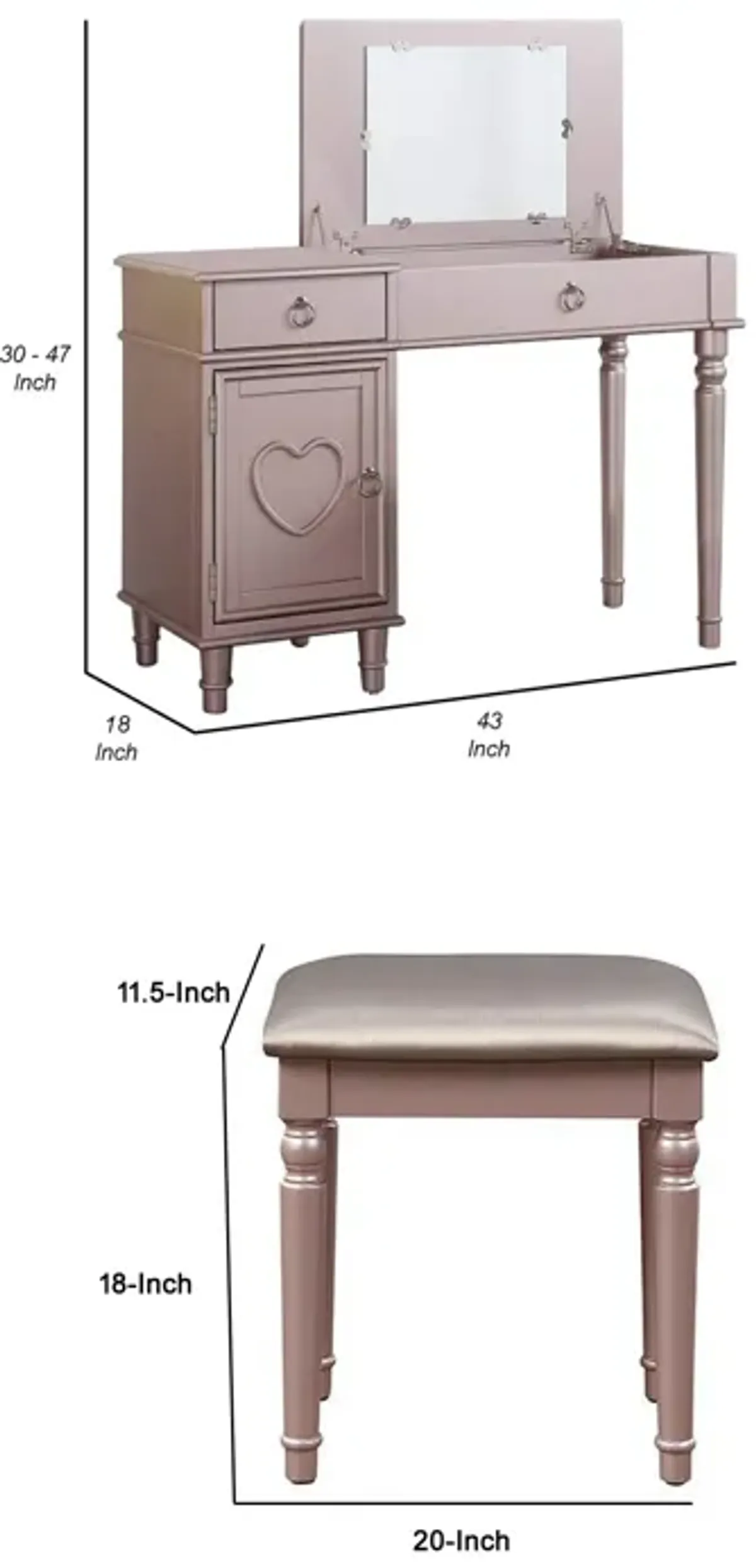 43 Inch Vanity Set, Accent Mirror, Included Matching Stool, Rose Gold Wood-Benzara