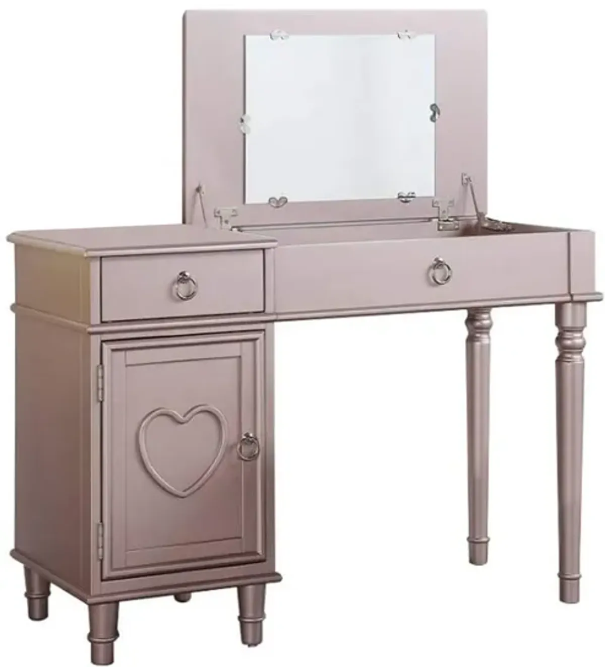 43 Inch Vanity Set, Accent Mirror, Included Matching Stool, Rose Gold Wood-Benzara