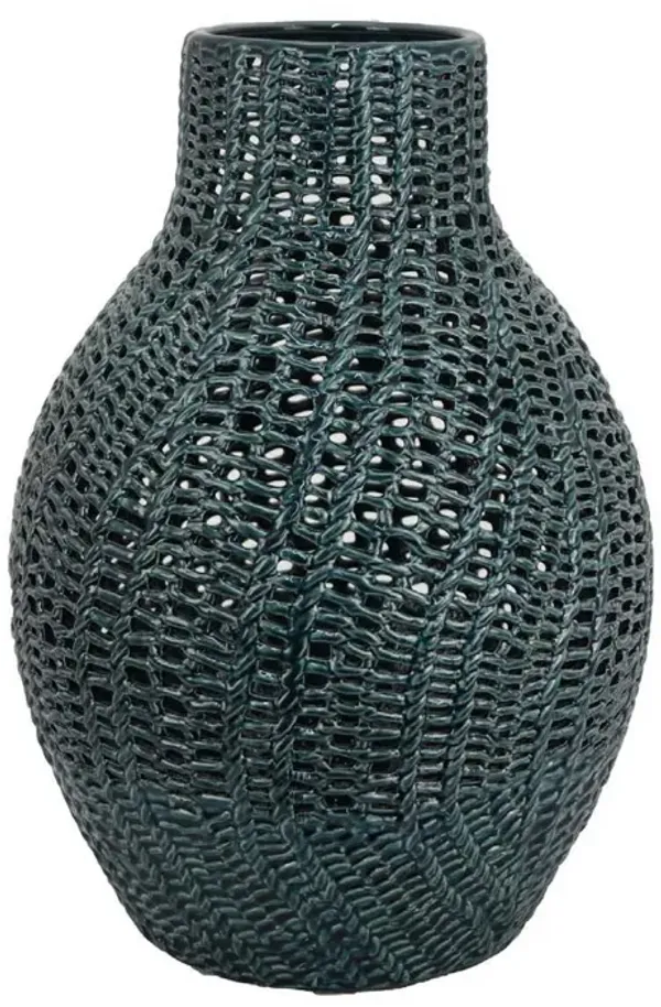 Fila Decorative Vase, 20 Inch Braided Cut Out Ceramic Body, Teal Green - Benzara