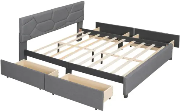 Queen Size Upholstered Platform Bed With Brick Pattern Headboard And 4 Drawers, Linen Fabric
