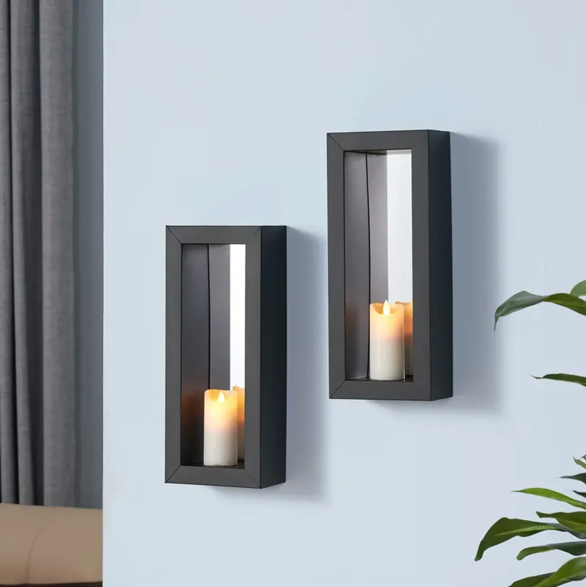 Vertical Mirror Pillar Candle Wall Sconces with Metal Frame (Set of 2)