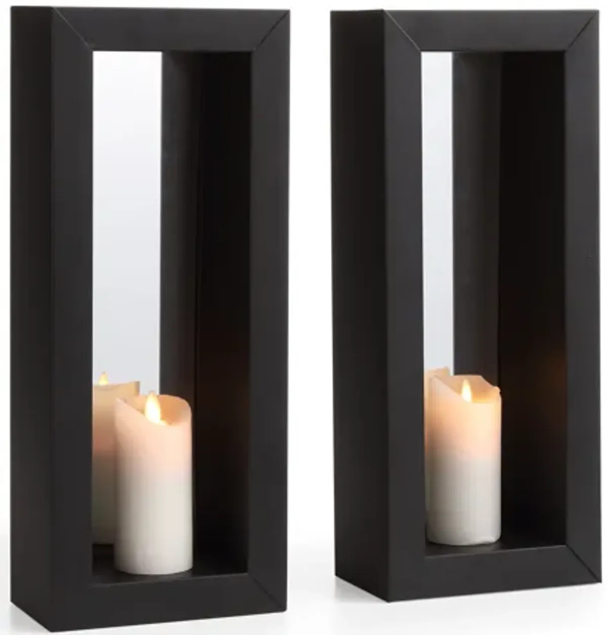 Vertical Mirror Pillar Candle Wall Sconces with Metal Frame (Set of 2)