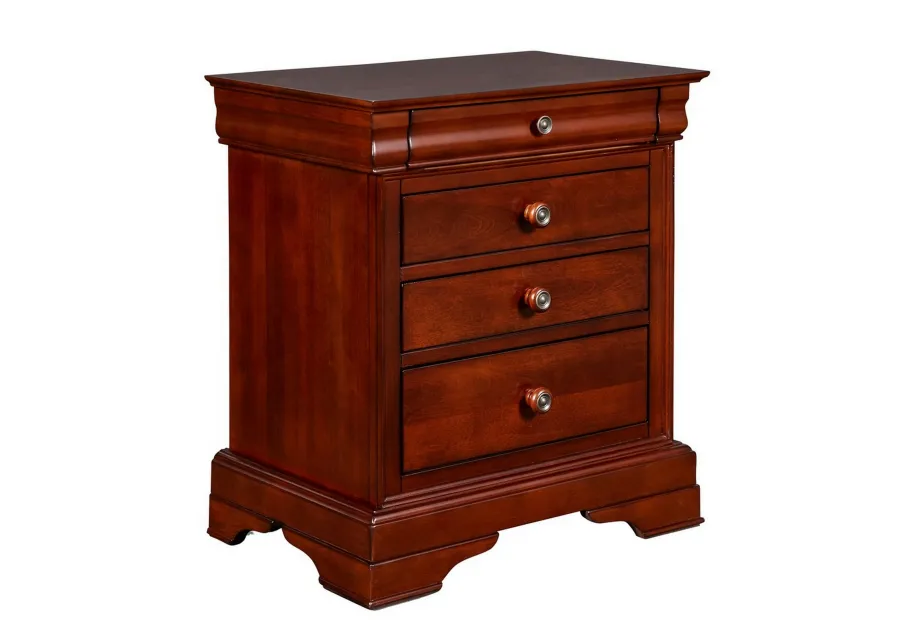 4 Drawer Wooden Nightstand with Bracket Legs and Metal Knobs, Brown-Benzara