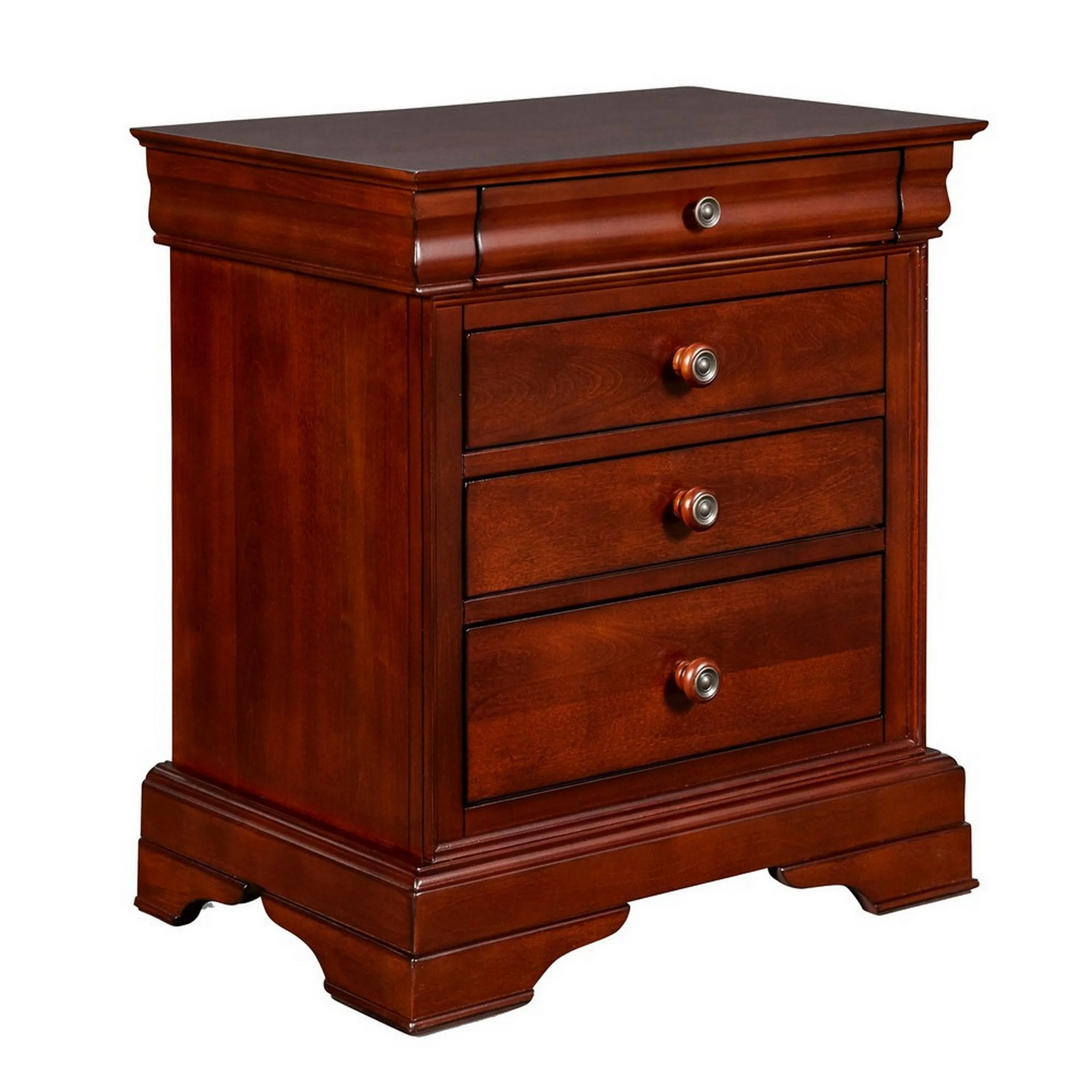 4 Drawer Wooden Nightstand with Bracket Legs and Metal Knobs, Brown-Benzara