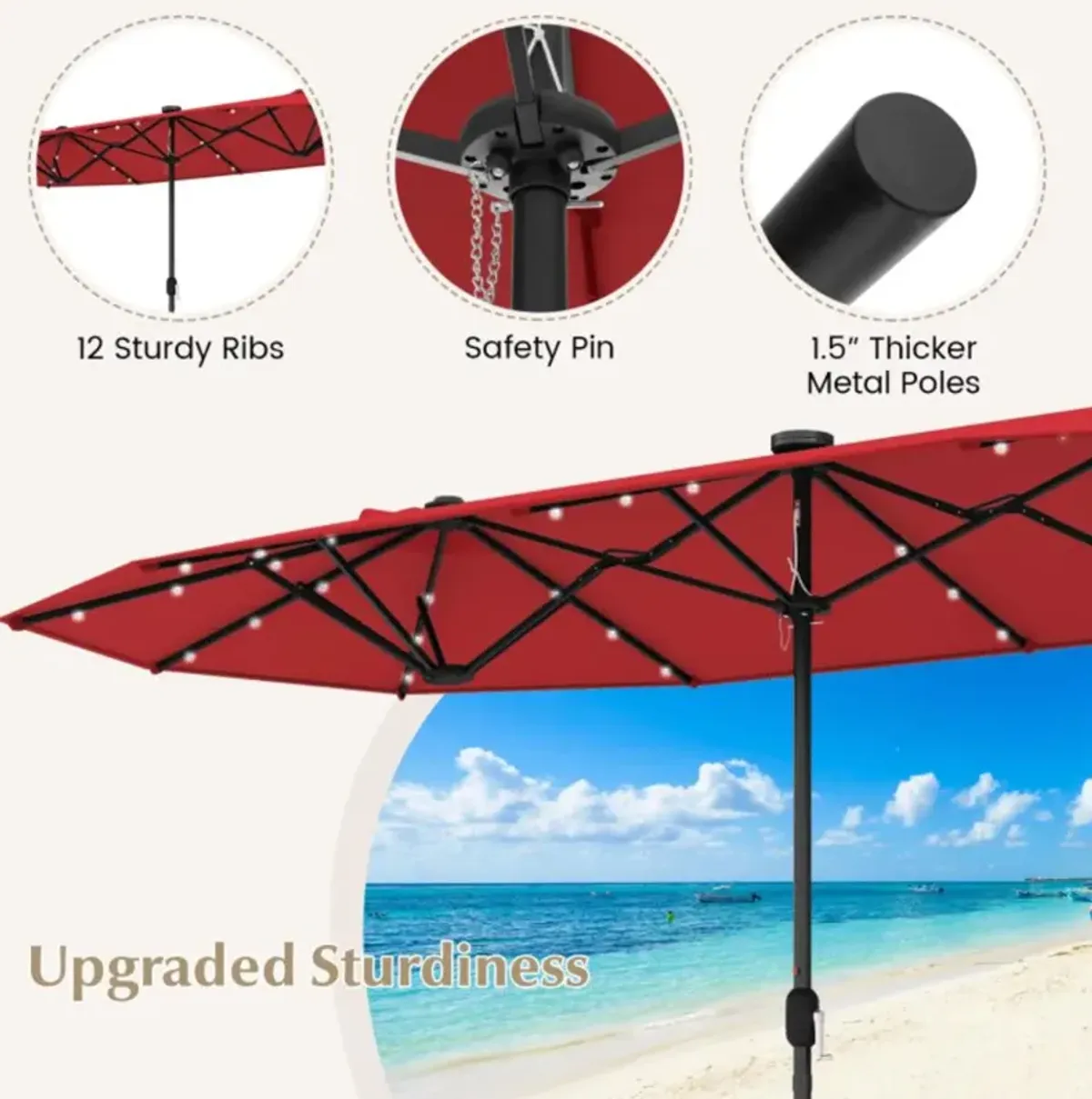 Hivvago 13FT Double-sided Patio Umbrella with Solar Lights for Garden Pool Backyard