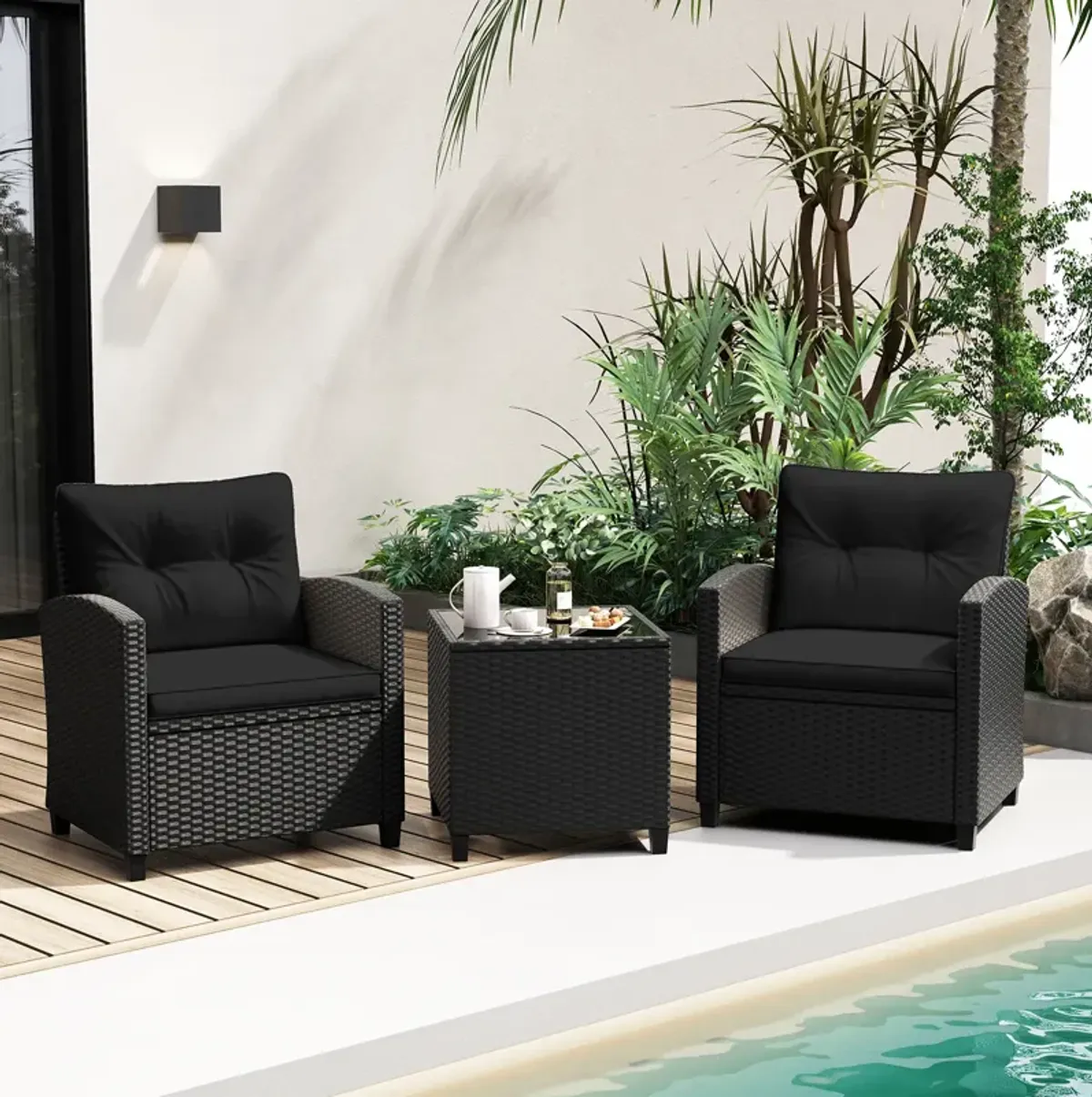 3 Pieces Patio Furniture Set with Tempered Glass Coffee Table