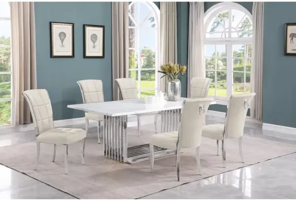 7pc Large(79") marble top dining set with silver base and 6 Cream side chairs