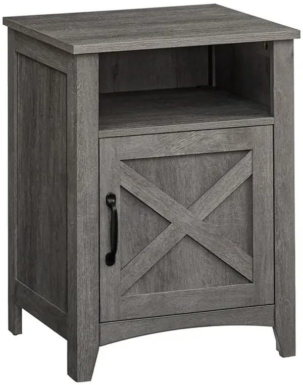 Eva 24 Inch Nightstand, 1 Barn Cabinet, Open Top Shelf, White and Gray - Benzara