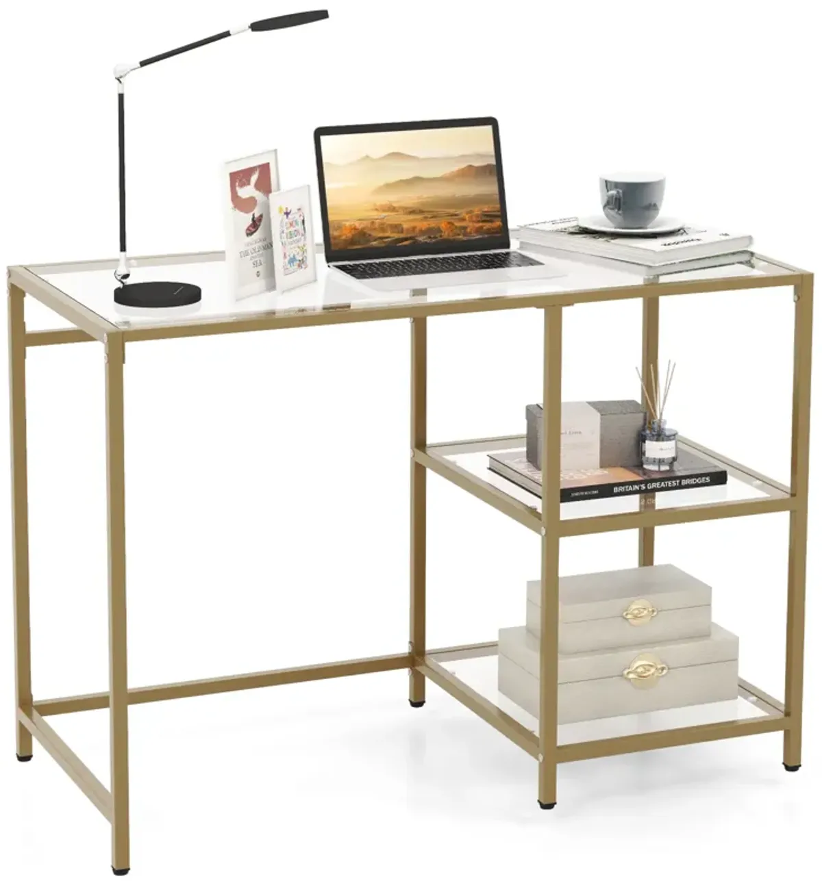 Modern Console Table with 2 Open Shelves and Metal Frame-Golden