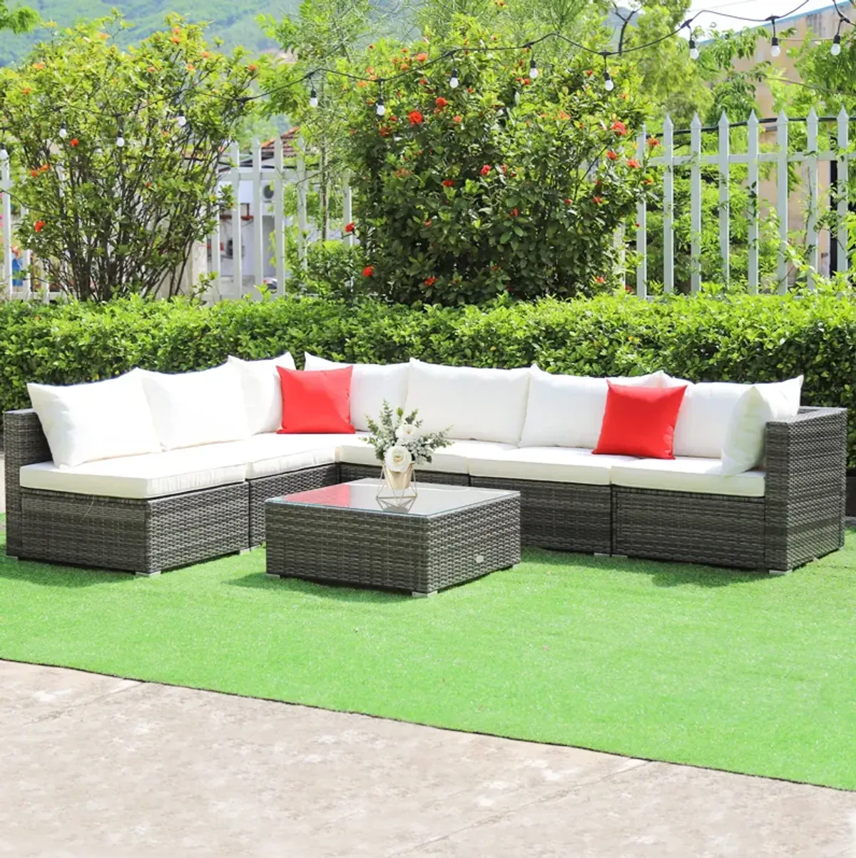 7 Pieces Patio Rattan Furniture Set with Sectional Sofa Cushioned