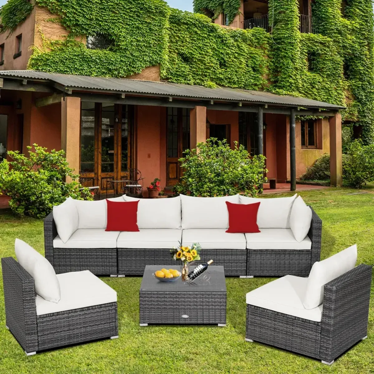 7 Pieces Patio Rattan Furniture Set with Sectional Sofa Cushioned