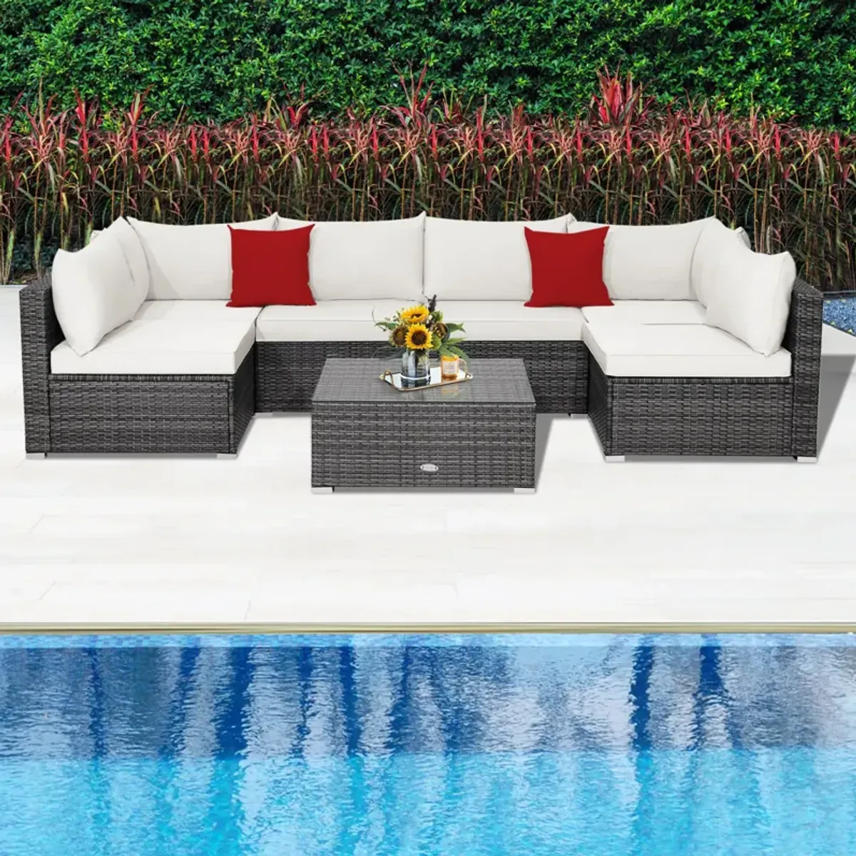 7 Pieces Patio Rattan Furniture Set with Sectional Sofa Cushioned