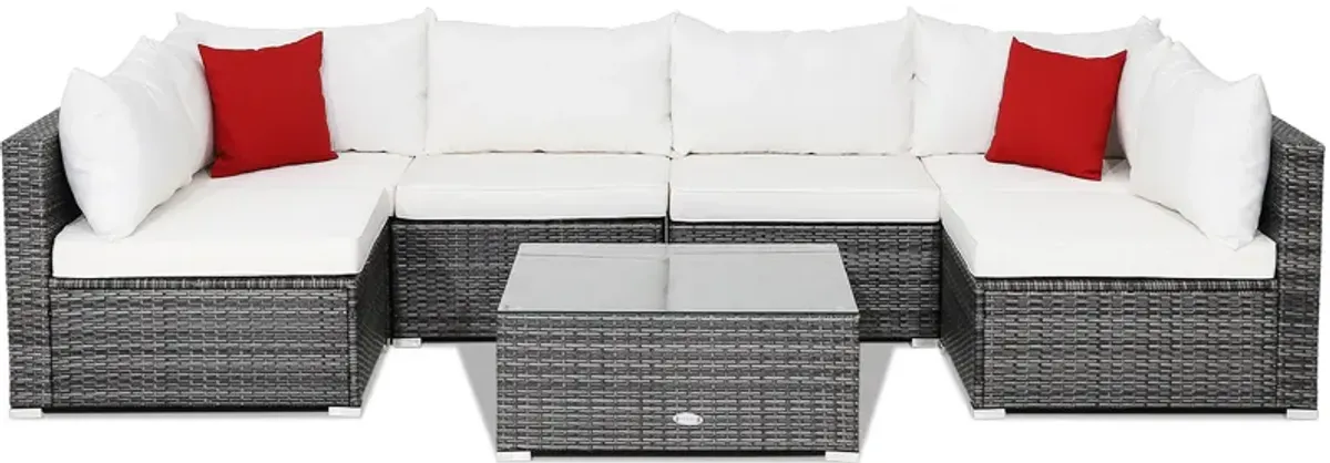 7 Pieces Patio Rattan Furniture Set with Sectional Sofa Cushioned