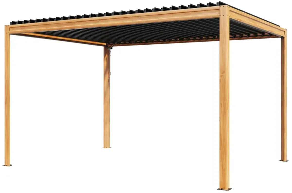 MONDAWE 10X13FT Outdoor Wood Looking Louvered Pergola Wood Grain Aluminum Pergola with Adjustable Roof for Patio, Deck, Garden