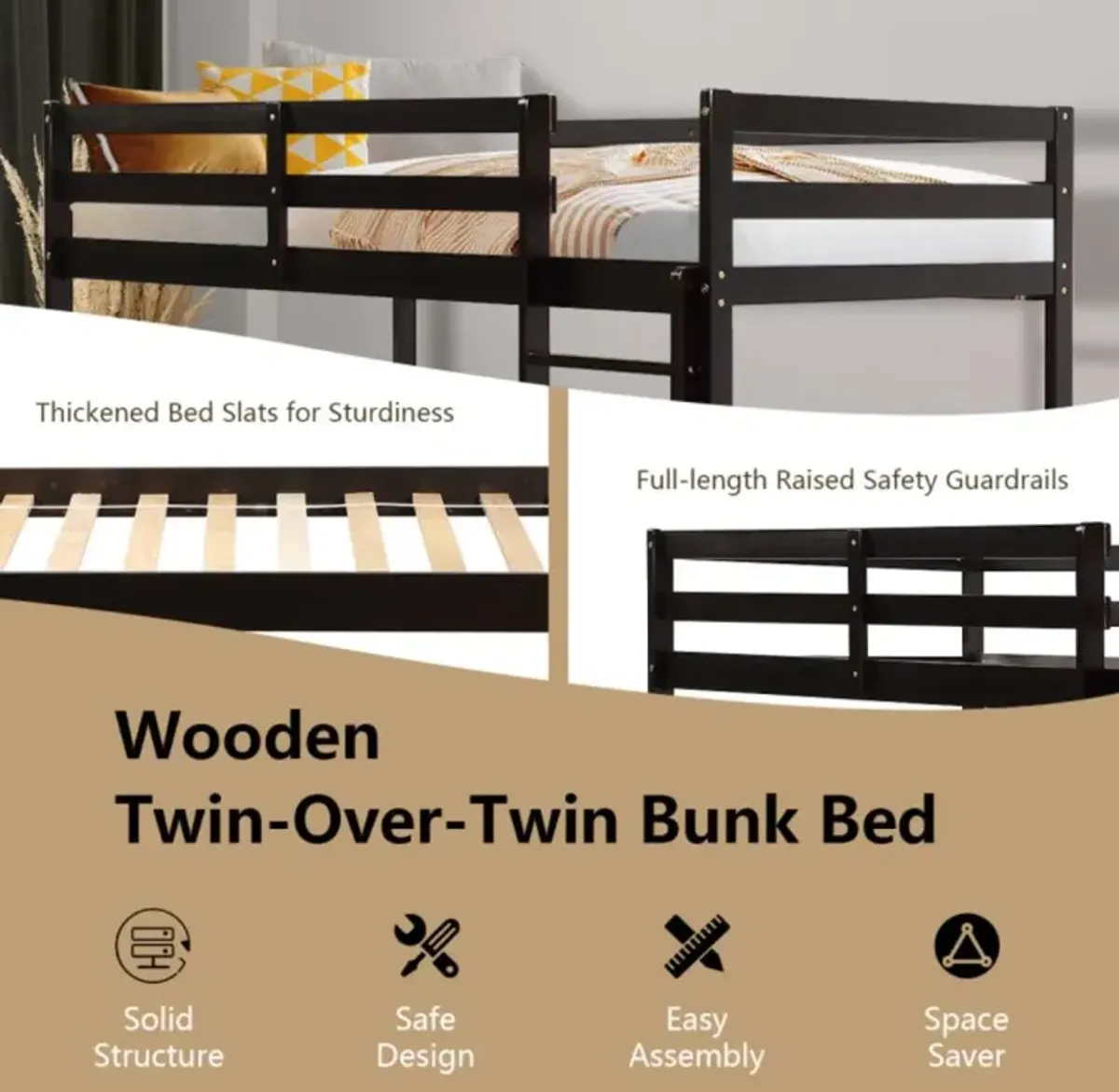 Hivvago Twin Size Sturdy Wooden Bunk Beds with Ladder and Safety Rail