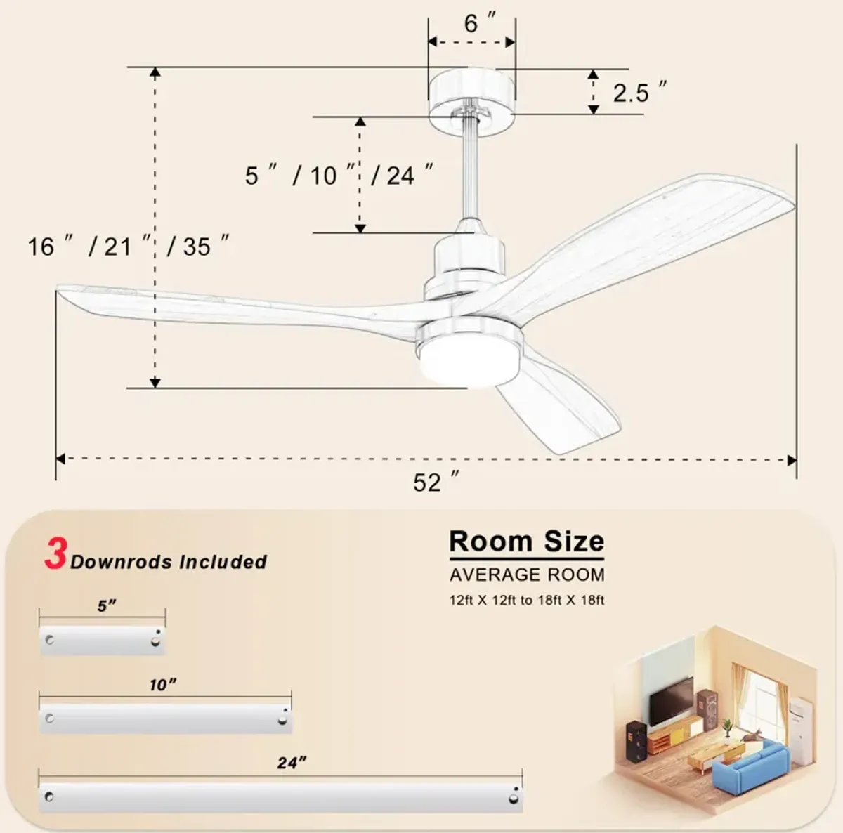 52" Ceiling Fan with LED Light & Remote