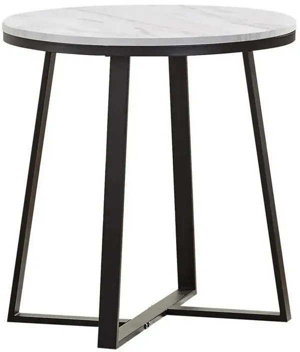 Ara 24 Inch End Table, Round White Faux Marble Tabletop, Black Metal Frame-Benzara