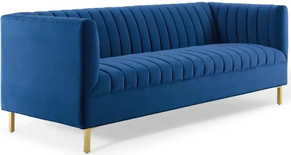 Modway Shift Modern Channel Tufted Performance Velvet Sofa in Navy/Gold