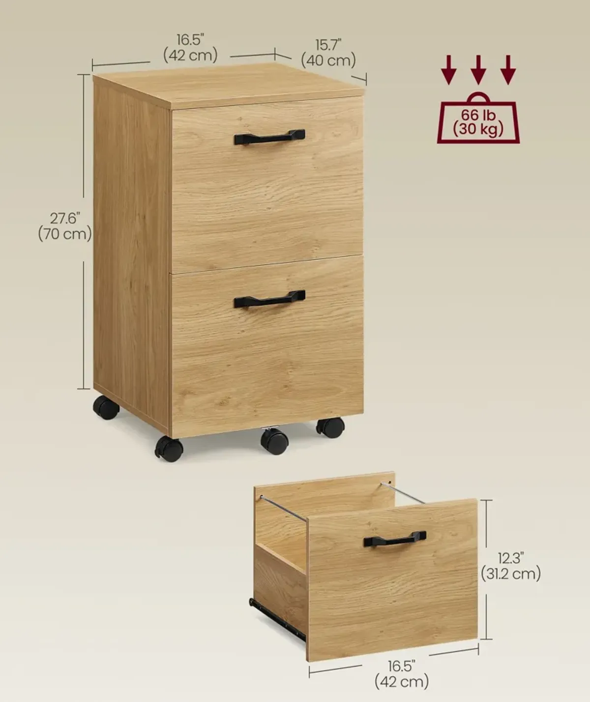 2-Drawer Rolling File Cabinet for A4 Files