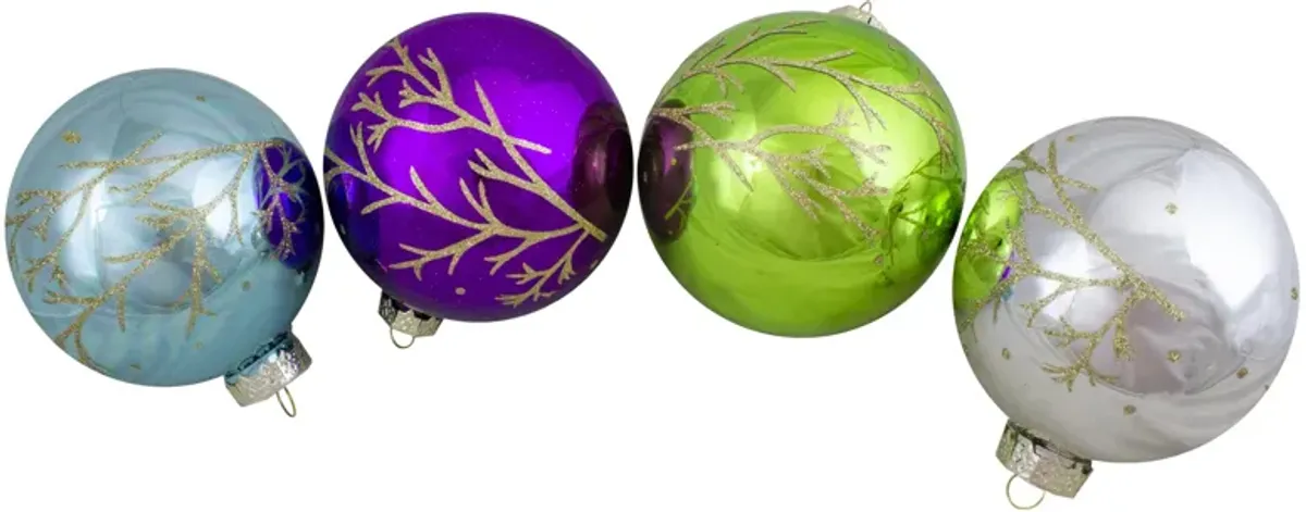 Set of 4 Multi-Color Shiny Glass Ball Christmas Ornaments 4-Inch (100mm)