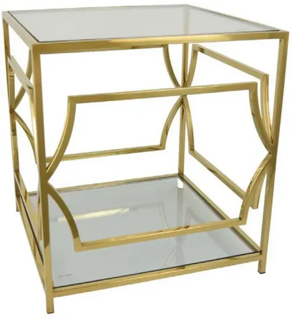 Mivi 24 Inch Plant Stand Table, Square, Pattern Base, Glass, Metal, Gold - Benzara