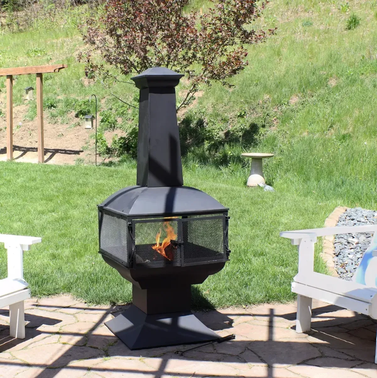 Sunnydaze Steel Wood Burning 360-View Chiminea with Log Grate/Poker - 57 in