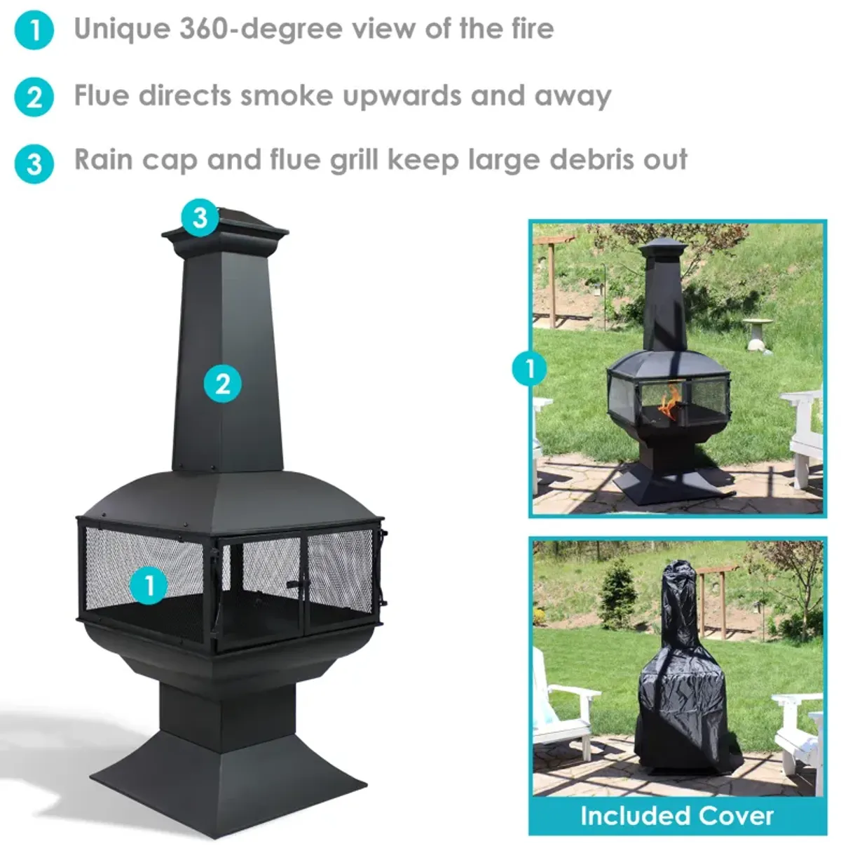 Sunnydaze Steel Wood Burning 360-View Chiminea with Log Grate/Poker - 57 in