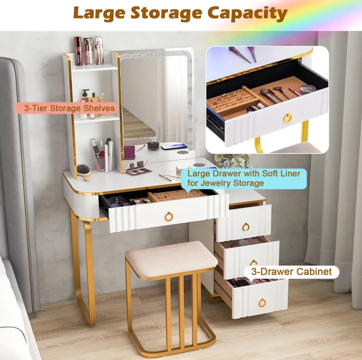 Vanity Table Set with RGB LED Lights and Wireless Charging Station