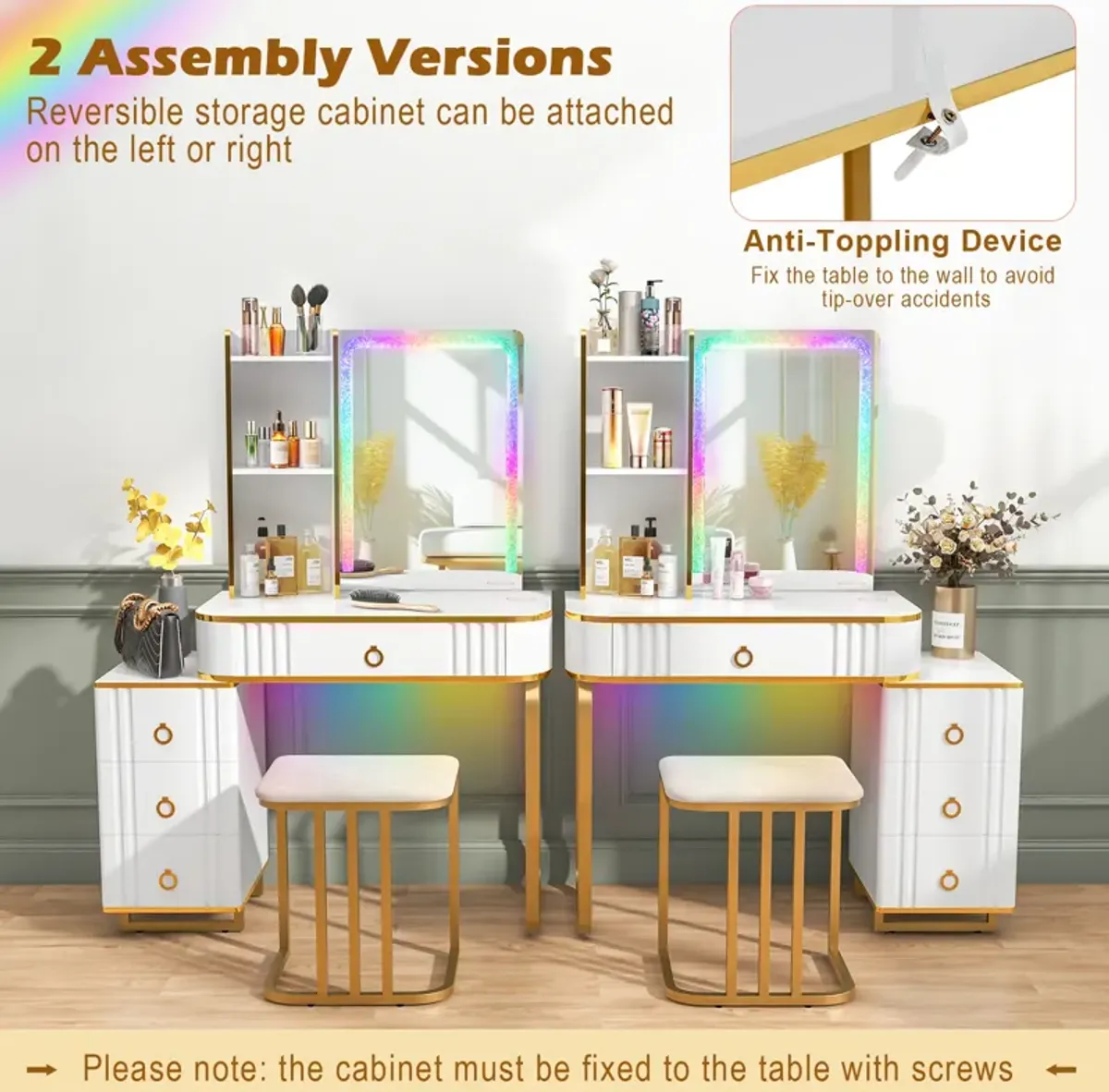 Vanity Table Set with RGB LED Lights and Wireless Charging Station