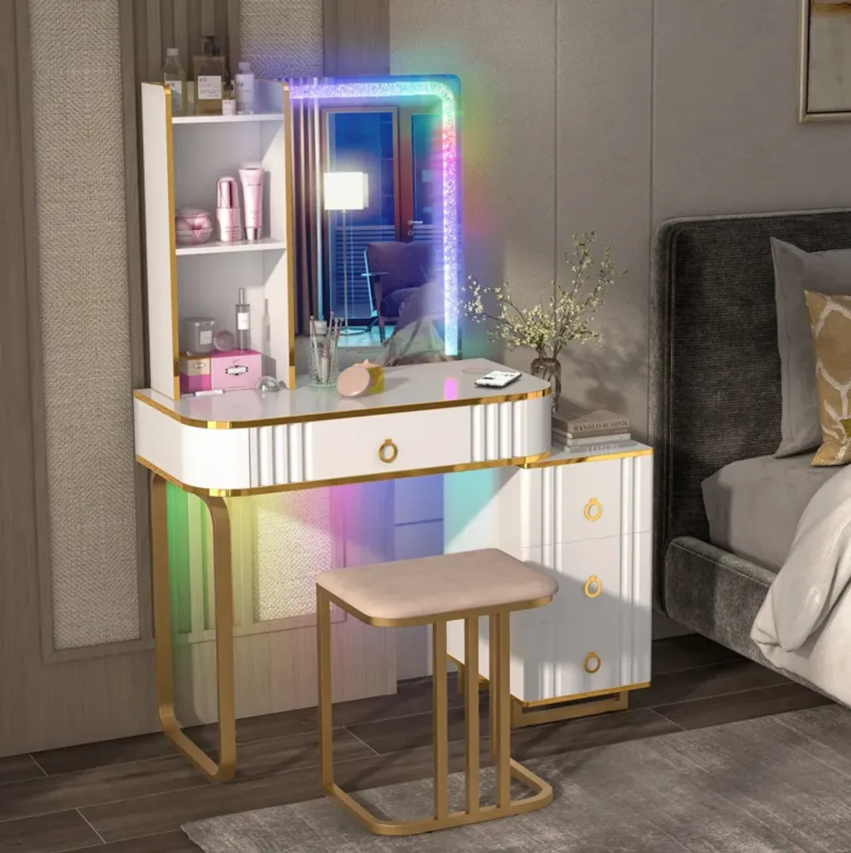 Vanity Table Set with RGB LED Lights and Wireless Charging Station