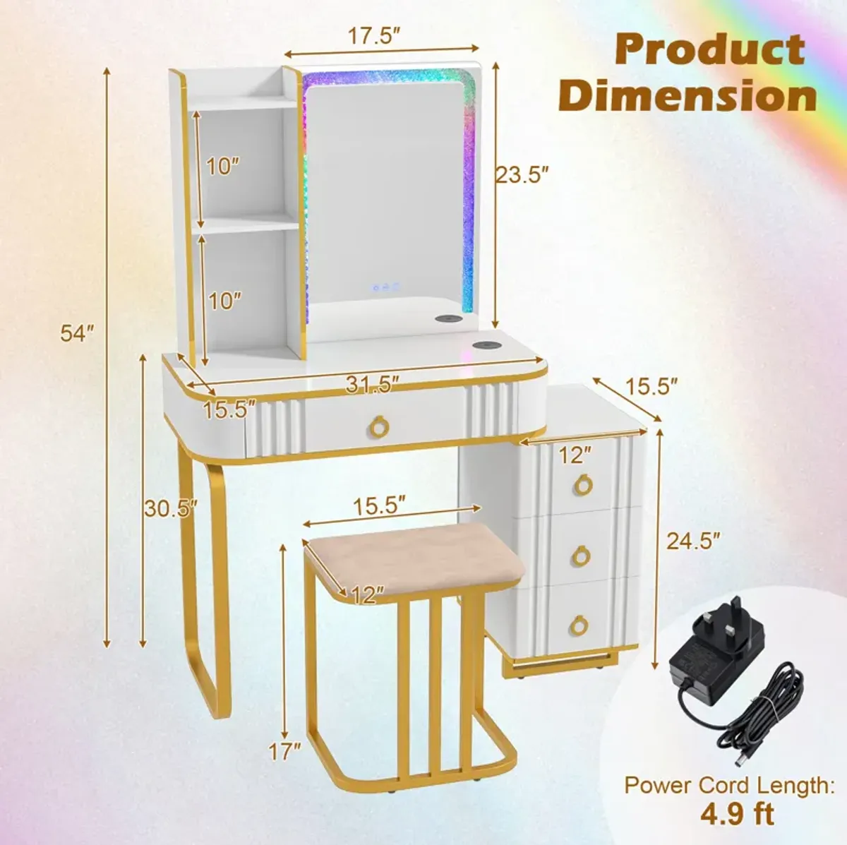 Vanity Table Set with RGB LED Lights and Wireless Charging Station