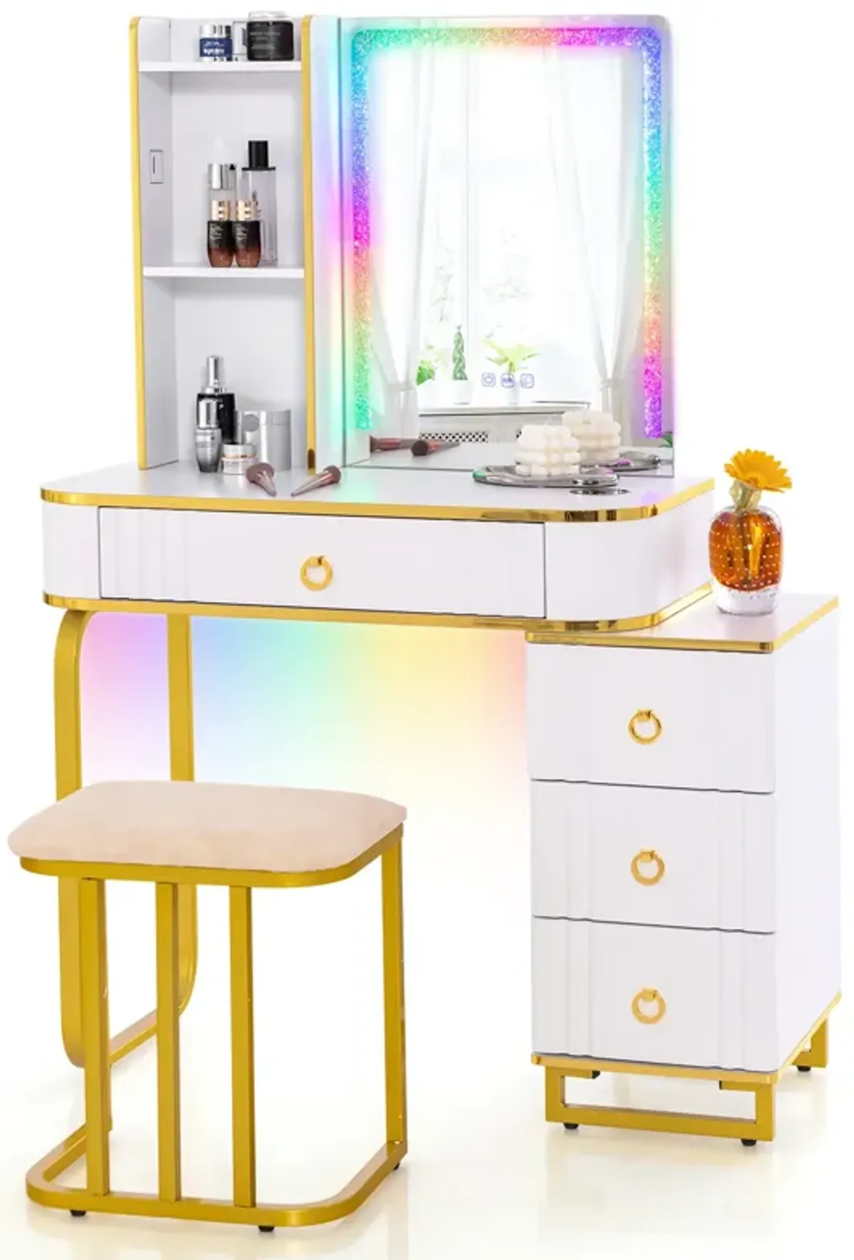 Vanity Table Set with RGB LED Lights and Wireless Charging Station