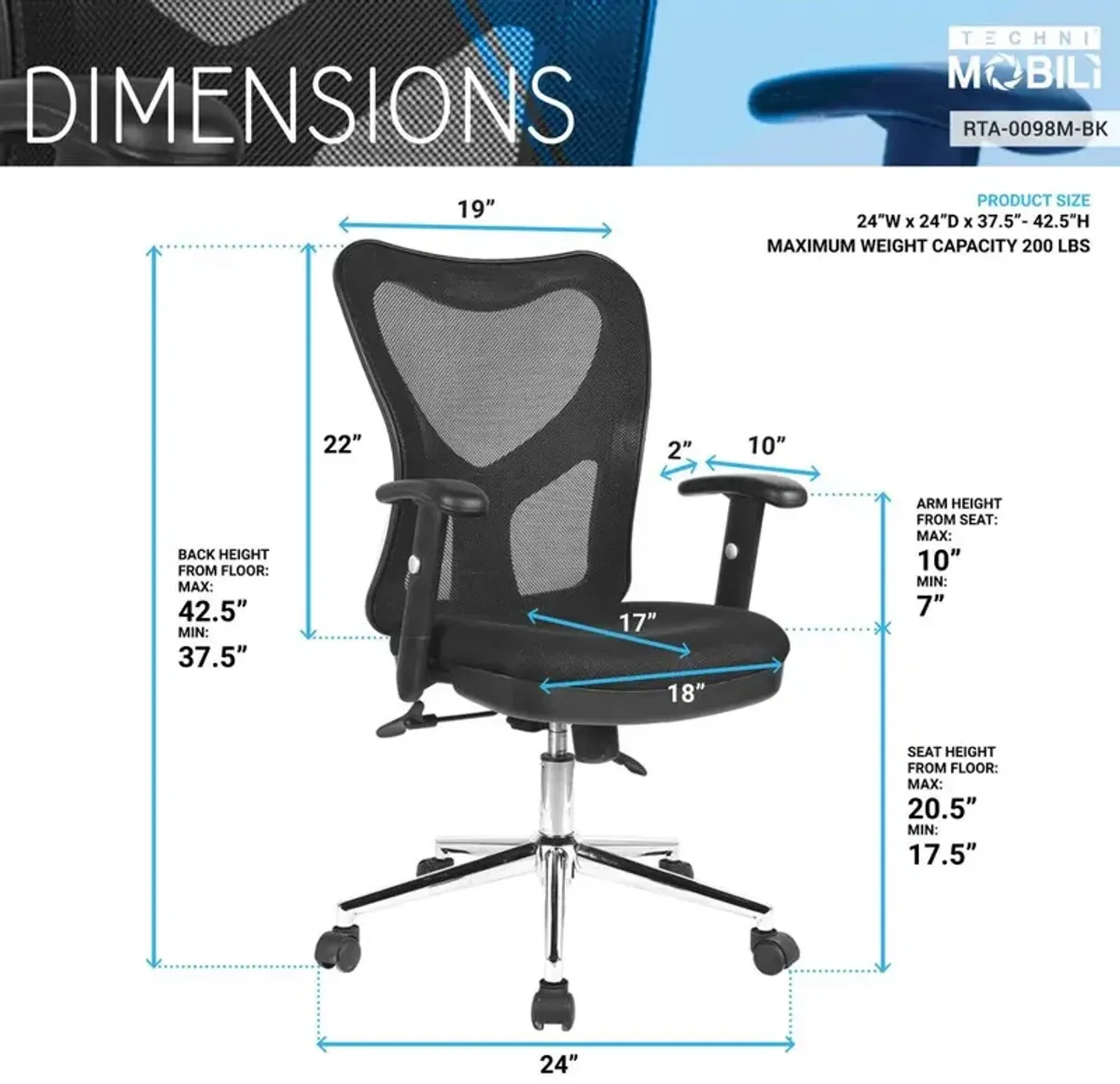 Techni Mobili High Back Mesh Office Chair With Chrome Base. Color: Black