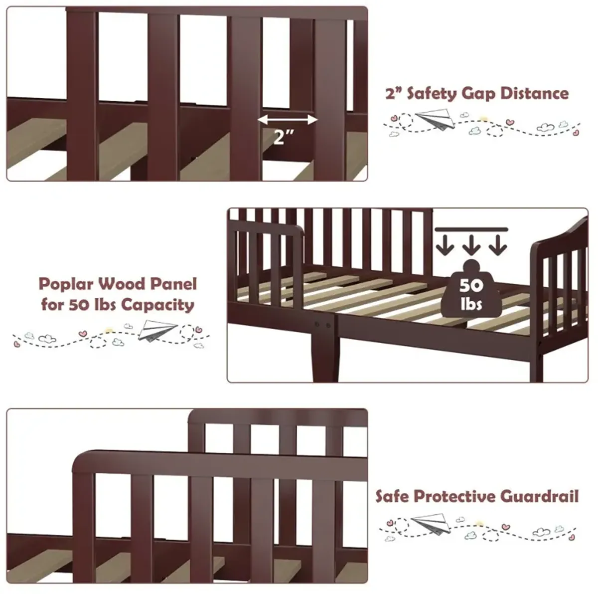 Classic Design Kids Wood Toddler Bed Frame with Two Side Safety Guardrails