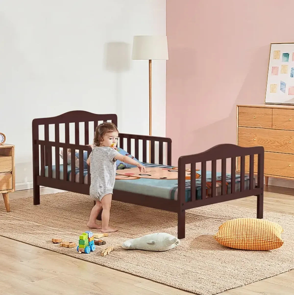 Classic Design Kids Wood Toddler Bed Frame with Two Side Safety Guardrails